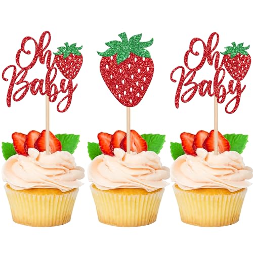 Rsstarxi 24 Pack Strawberry Oh Baby Cupcake Toppers Glitter Strawberry