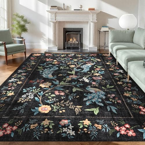 GarveeHome Black Area Rugs 8x10 for Living Room, Floral Peacock Large Washable Rug Soft Non Slip Backing Floor Mat Animal Print Carpet Indoor Thin Rug for Bedroom Dining Room Nursery Playroom