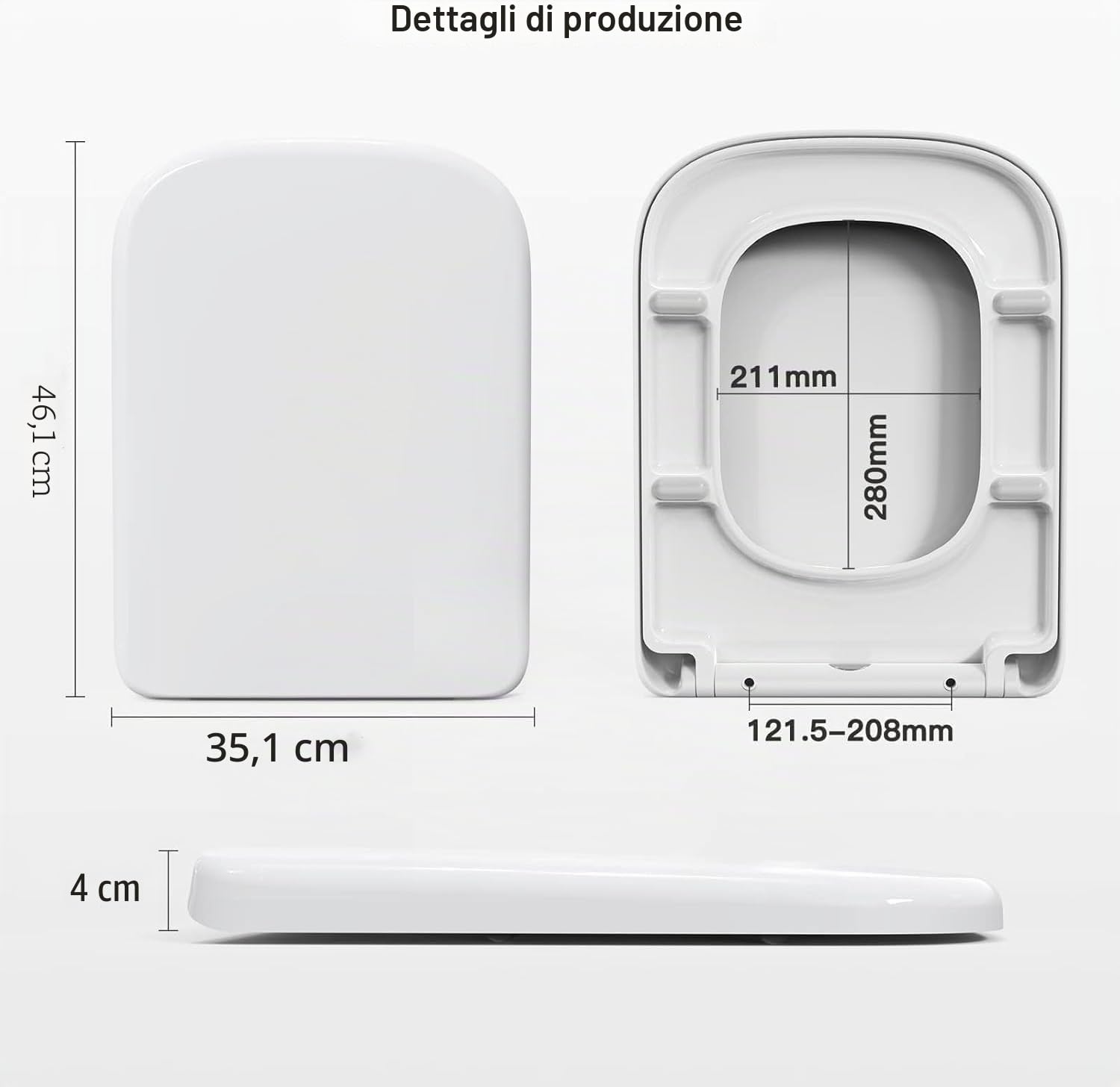 Pipishell Sedile WC quadrato, con chiusura morbida, colore bianco, con chiusura rapida, fissaggio semplice, resistente e antibatterico, con cerniere regolabili in acciaio inossidabile