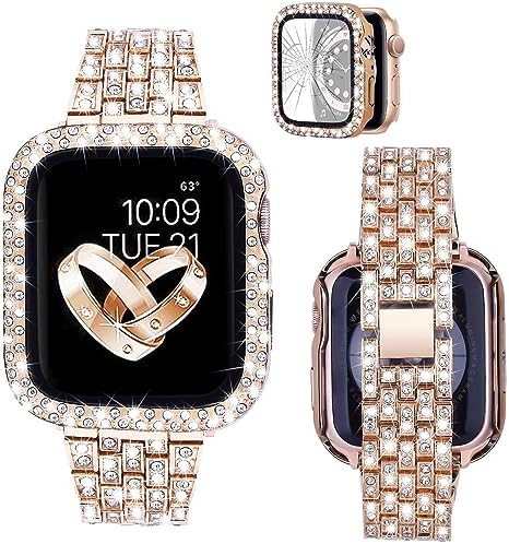 V-MORO Bands Compatible with Apple Watch Straps 40mm Women with Screen Protector, Full Cover Bling Rhinestone Diamond Crystal Protective Case with Metal Strap for iwatch Series 6 5 4 SE (Rose Gold)