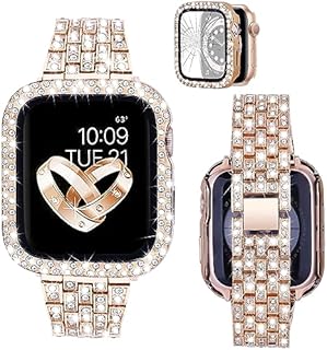 V-MORO Bands Compatible with Apple Watch Straps 40mm Women with Screen Protector, Full Cover Bling Rhinestone Diamond Crystal Protective Case with Metal Strap for iwatch Series 6 5 4 SE (Rose Gold)
