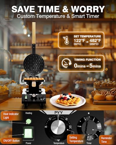 Image of PYY Bubble Waffle Maker - 1500W Commercial Egg Puff Waffle Iron, 122-482℉ Electric Stainless Steel, 180 Rotating, Non-Stick Coating, Wooden Handle & Crumb Tray, Hong Kong Round Cones