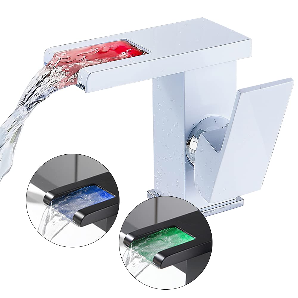 Bateria umywalkowa LED, 3 zmieniające kolory, armatura umywalkowa z czujnikiem temperatury, armatura umywalkowa, wodospad, armatura łazienkowa, mosiężna, nadaje się do łazienki, kuchni