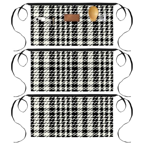 Lot de 3 tabliers courts de chef à carreaux noirs et blancs avec 3 poches