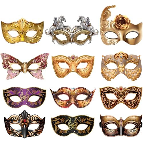 Blulu 12 Pcs Mardi Gras Masquerade Mask Set Paper Masquerade Masks Women's Costume Party Supplies for Mardi Gras, New Year's Day, Carnival, Prom, Venetian, Half, Retro