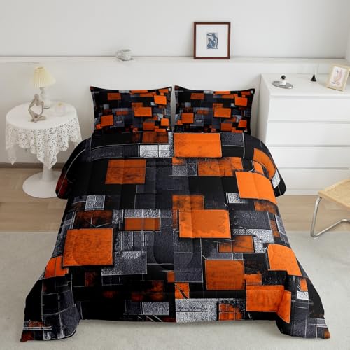 Image of Feelyou Orange Black Bedding Set Twin Size, Kids Geometric Grid Comforter Set Geometrics Comforter Abstract Art Duvet Insert Bed Set 2Pcs