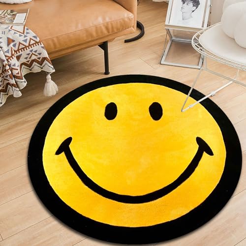 LONGSAO Tapis Rond Design Moderne Poils Court Tapis Smiley Jaune avec Bordure Noire Interieur Exterieur Antidérapant et Lavable Tapis, Résistant à la Tache, ø 90 cm