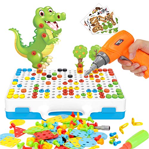 EL 212 Piece Creative Mosaic Drill Puzzle Kit, Electric Drill and Screwdriver Tool Set Toy, STEM Engineering Education Learning Building Block Toys, Game Activities Center for Kids Ages 3-10 Years