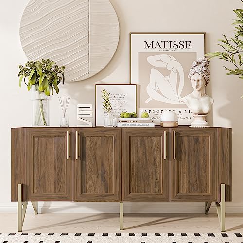Tilly Lin 65" Mid Century Modern Tv Stand, Modern Credenza Sideboard Buffet Cabinet, Walnut Media Console For Living Room, Boho Entertainment Center With Storage, Gold Metal Legs #TOP6