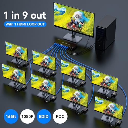 Image of VPFET HDMI Extender Splitter Over Ethernet 1 in 8 Out Cat5e or 6 Up to 165FT 50m HD1080P 60Hz 3D with Port Loop Out Support EDID POC Suitable for Projection Exhibition Presentations