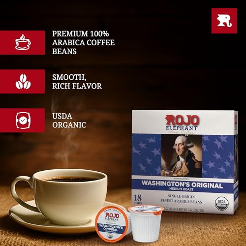 Image of Rojo Elephant Coffee Pods, for use with K-Cup Brewers and Similar Models, Single Origin Arabica Beans, Low Acid, 18 Count (Medium Roast (Washington's Original))