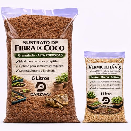 DARZWAY Fibra de Coco 6 L + Vermiculita 1 L – Sustrato para Plantas, Semilleros y Macetas – Huerto Urbano y Cultivo – Retiene Humedad y Mejora Aireación – Apto para Terrarios y Reptiles (6 litros)