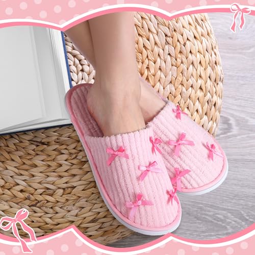 Cute Bow Slippers for Women Coquette Pink Bridesmaid Plush Non-slip Preppy Slipper Wedding Bride Party Gift Comfortable Reusable for Bachelorette Party Bathroom Bedroom Holiday Travel 5