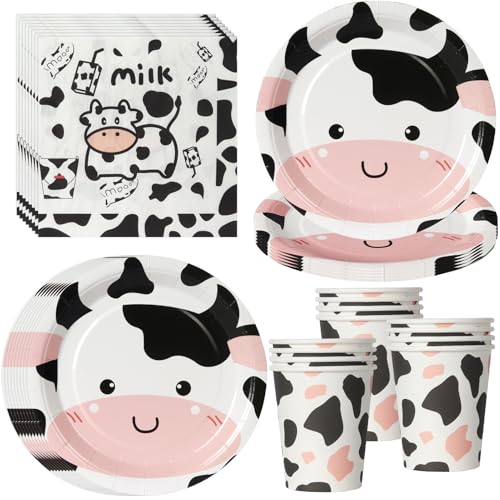 PYAILI Lot de 52 pièces thème ferme Assiettes, gobelets et serviettes pour décoration d'anniversaire avec motifs vache, pour 16 invités