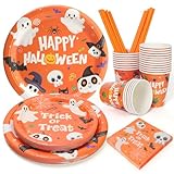 PARTY GO 125 Stück Halloween Geschirr Set Halloween Teller Secher Servietten Party Tischdeko für 25 Gäste, Gelb Dekos für Grusel Party Geburtstag Deko Kinder