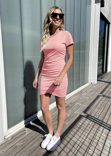 Image of BTFBM Women's Summer Dresses 2026 Casual Bodycon Mini Dress Short Sleeve Crew Neck Ruched Spring Beach Vacation Outfits