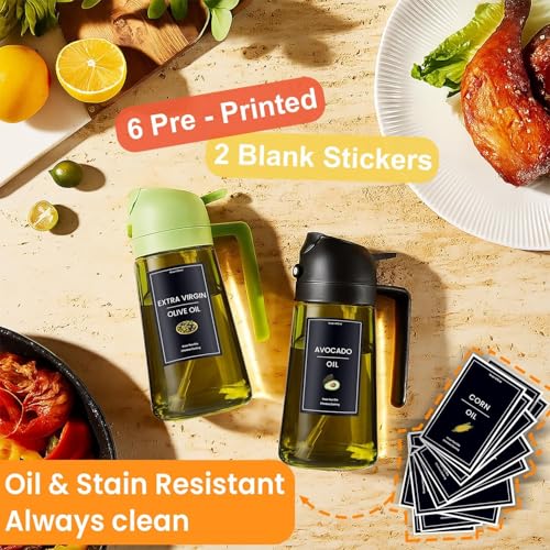 Image of CXINYI - 16oz /470ml Olive Oil Dispenser for Kitchen with Stickers - 2 in 1 Olive Oil Sprayer for Cooking, Air Fryer, and Salad, Black (Light-Proof Kitchen Gadget)