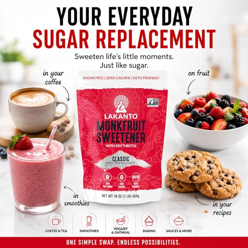 Image of Lakanto Monk Fruit Sweetener With Erythritol, White Sugar Substitute From Monk Fruit Extract, Classic White Sugar Replacement for Baking, Coffee & Tea, Gluten Free, Low Carb, Non GMO, Keto, 1 LB Bag