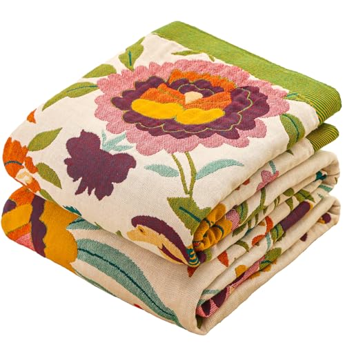 HOORDRY Plaid de Lit Bohème, Jetés Doux pour la Peau pour Canapé pour Couvre-lit et Fauteuil avec Motifs Floraux Colorés, Grand Plaid en Mousseline Double...