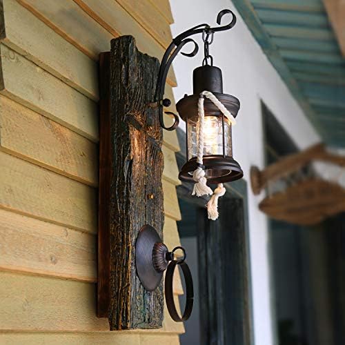Lantern Wall Light, Industrial Vintage Retro Wall Sconce with Wood Back-Plate Single Light Rustic Lodge Wall Lamps in Aged Bronze