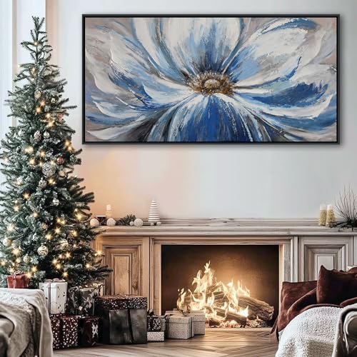 Image of Large Blue Wall Art Framed, Flower Botanical Wall Art for Living Room Bedroom, Modern Aesthetic Floral Picture Home Canvas Artwork, 29x58 Inch Black Frame Ready to Hang
