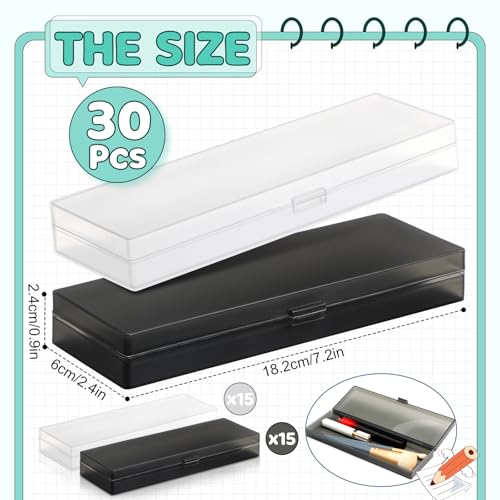 Image of Yexiya 30 Pack Pencil Box Clear Plastic Pencil Case Bulk 7.2 x 2.4 x 0.9 Inches Black Pen Storage with Hinged Lid Stackable for Pens Crayons School Office Supplies Organization