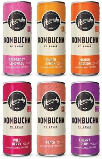 Remedy Kombucha Tea - Rainbow Mixed Pack - Sparkling Live Cultured, Naturally Sugar Free Soft Drink - Probiotic for Gut Health - 12 x 250ml