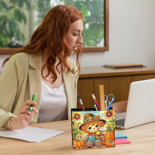 Image of Diamond Painting Pen Holder, DIY Diamond Art Desk Organizer with Autumn Harvest Pumpkin Design, Fall Diamond Art Kits for Adults, Decorative Desktop Storage Box for Office and Home