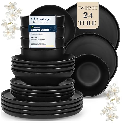 Twinzee Steinzeug Geschirrset Schwarz - Set von 24 Geschirr und...