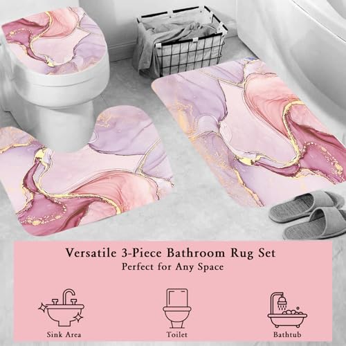 Home Luxe 4 Pcs Elegant Marble Shower Curtain Sets Bathroom Decor: 71x71 inch Shower Curtain, Memory Foam Bath Mat, Contour Mat & Toilet lid Cover, 12 Hooks (Pink & Gold Marble) by HOME LUXE - Used condition - Image 3