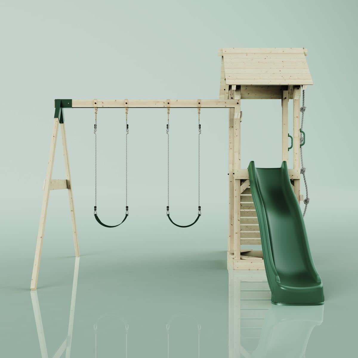 Rebo Spielturm mit Wellenrutsche und Kinder-Schaukel, Outdoor Klettergerüst Garten,Smaragdgrün