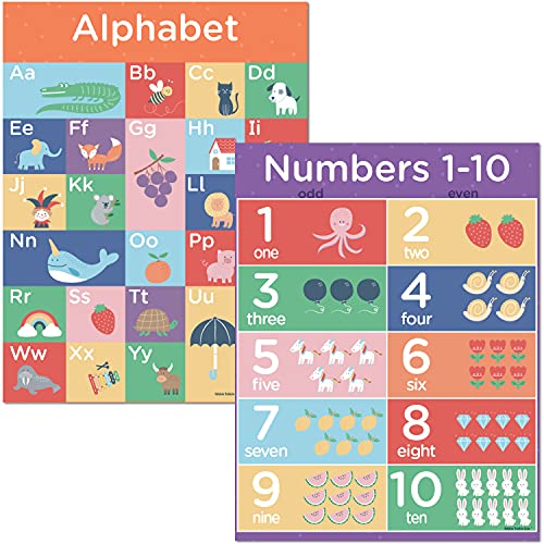 Hubble Bubble Kids ABC Alphabet and Numbers Poster Set - Educational Posters for Toddlers for Classroom Wall and Home. Dry-Erase Laminated ABC and Number Chart 13x17 inch