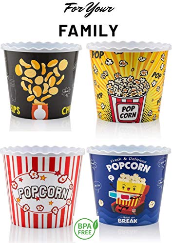 Modern Style Reusable Plastic Popcorn Containers / Popcorn Bowls Set For Movie Theater Night - Washable In The Dishwasher - (Bpa Free-4 Pack) (Color: Yellow, Brown, Red/White And Blue Popcorn Boxes) #TOP7