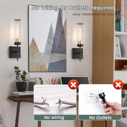 Image of Wall Sconces,Battery Operated Wall Sconce 10400mAh Black and Gold Fast Chargin Endurance 150 Hours Infinitely Dimmable with Remote Control Wireless Wall Lights for Bedroom Living Room Hallway