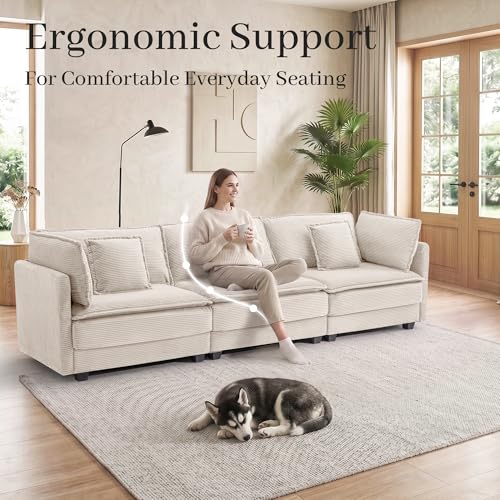 Image of Corduroy Sectional Couch, 3 Seater 113 inch Cloud Couch, Modular Deep Seat Sofa with Pillows for Living Room, Apartment, Beige