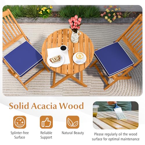 Image of Tangkula 3 Pieces Acacia Wood Patio Folding Bistro Set, Outdoor Table and Chairs Set with Soft Cushions, Patio Furniture Set for Porch, Balcony, Garden, Deck and Backyard