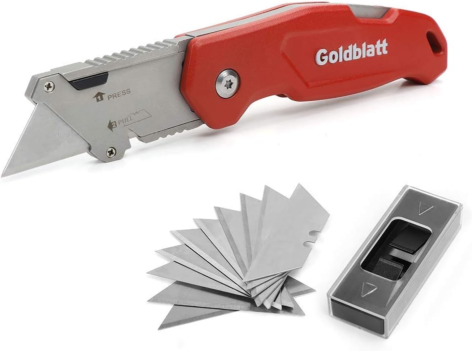 Goldblatt Folding Utility Knife, Quick Change Blade Mechanism & Aluminum Alloy Handle with 10-piece Extra Blades, Pocket Size