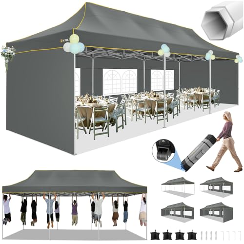 Image of HOTEEL 10x30 Heavy Duty Pop Up Canopy Tent with 5 Sidewalls&Wheeled Bag, Commercial Event Party Tent Wedding Instant Canopy Waterproof, Upgraded Thicked Hexagonal Legs, UV 50+, Gray
