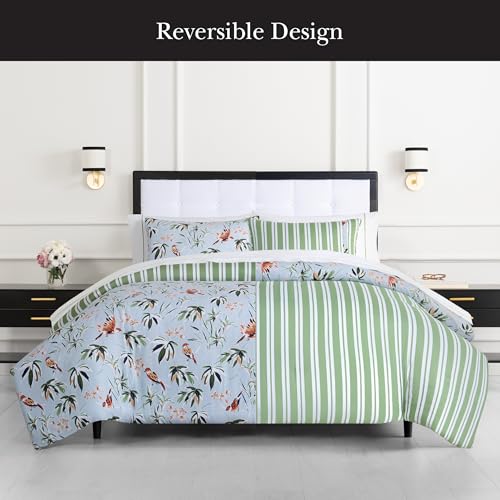 Image of kate spade new york Bird Garden King Comforter Set, 300 Thread Count Cotton Reversible Cover, All Season 3 Piece Bedding, Machine Washable, Floral Multicolor