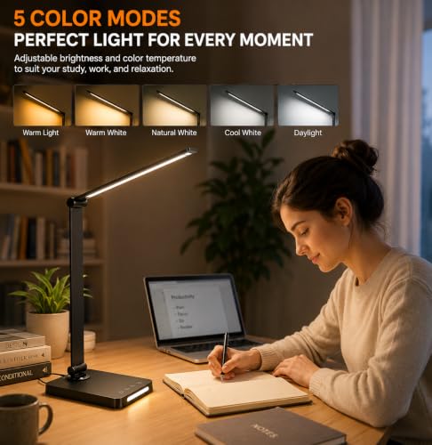Image of XERGY LED Desk Lamp with USB Charging Output - Dimmable, Touch Control, Timer, Night Mode, 5 Color Mode, Adjustable Arm, Eye-Caring Table Lamp for Study, Office & Home Use - Black(Adaptor Included)