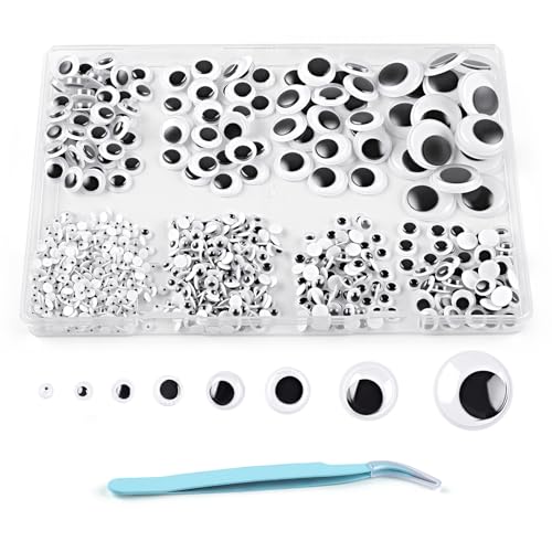Phinus 1400PCS Googly Eyes 8 Different Size Self-Adhesive Googly Eyes for Crafts 4mm 5mm 6mm 8mm 10mm 12mm 15mm 20mm Black Wiggle Sticky Googly Eyes with Tweezers