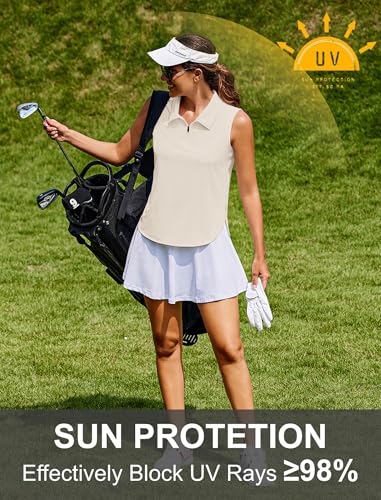 Image of PINSPARK Women Golf Shirts Sleeveless UPF 50+ Tennis Polo V-Neck Quick Dry Athletic T Shirt 1 /4 Zip Collar Workout Tank Top