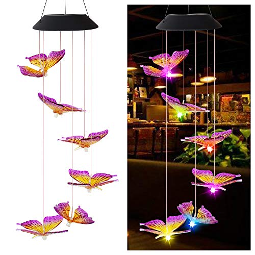 ALLOMN Solar Wind Chime, Color-Changing Solar Light, LED Color-Changing Light, Garden Outdoor Decoration Light, Multi-Color Gradual Changing Light, Butterfly Wind Chimes (Purple Butterfly)