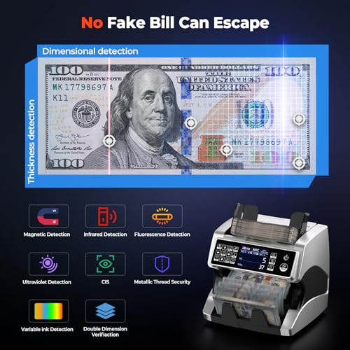 Image of MUNBYN IMC01 Bank Grade Money Counter Machine Mixed Denomination, 2CIS /UV /IR /MG /MT Counterfeit Detection, Serial Number, MUL Currency Cash Counter, Printer Compatible, 2Y Warranty (Silver)