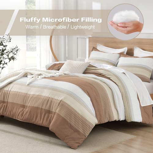 Litanika Beige California King Comforter Set, 3 Pieces Cal King Lightweight Taupe Khaki White Colorblock Stripe Bedding Comforter Sets, Fluffy Bed Set