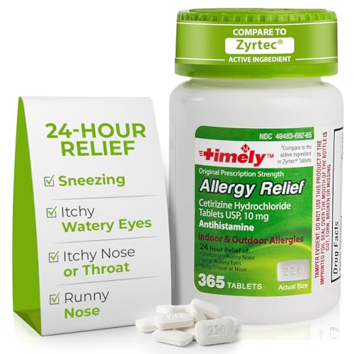 TIME-Cap Labs 365 Tablets Cetirizine HCl 10mg Allergy Relief - Antihistamine for Adults & Children Age 6+, Helps Relieve Sneezing, Runny Nose, Itchy Watery Eyes & Itchy Throat