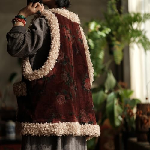 Women's Vest Corduroy Quilted Open Front Faux Shearling Lambwool Trim Sleeveless Cardigan Vest2