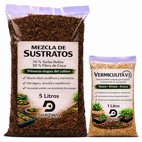 DARZWAY Sustrato Profesional 5L + 1L Vermiculita – Turba Rubia y Fibra de Coco – Ideal para Semilleros, Germinación y Esquejes – Tierra para Macetas y Huerto Urbano – Drenaje y Aireación Óptimos.