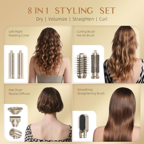 Image of DORISILK 8 in 1 Hair Styler & Hair Dryer Brush Blow Dryer, 110,000 RPM High-Speed Hot Brush Styler, Ionic Smooth Cepillo Secador de Cabello Multi Straightener Curler Volumizer Dryer, Champagne Gold