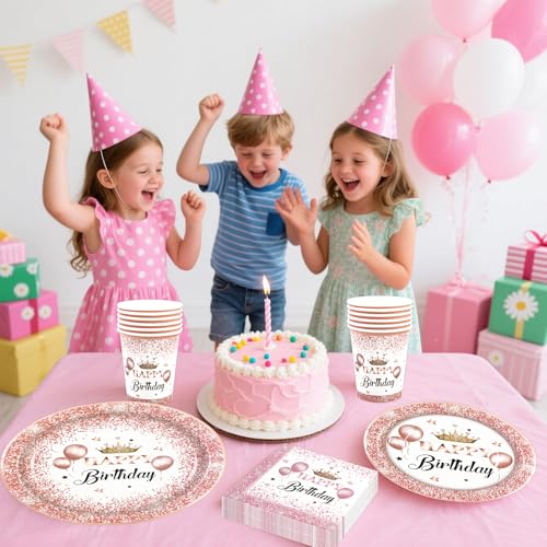 HiEnjoin 80 Stück Roségold Partygeschirr für 20 Gäste, Rosegold Geburtstag Geschirr Kindergeburtstag Teller Becher Servietten Pappteller Party Deko Mädchen, Tischdekoration für Hochzeitsfeiern